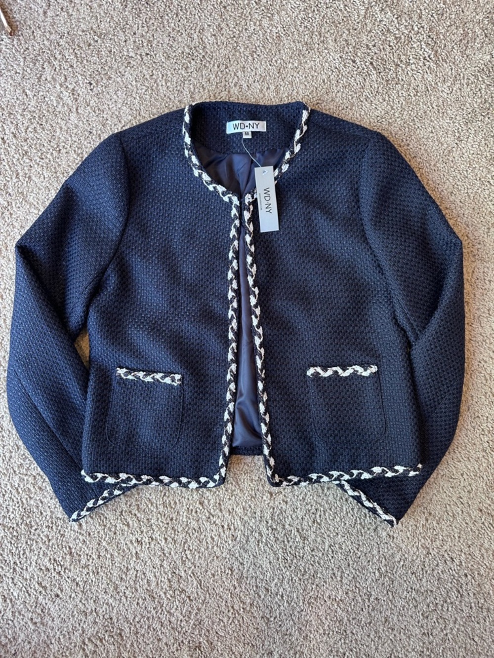 WD.NY Navy Blue Tweed Chain-Trim Blazer